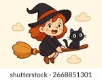 Cute witch flying with black cat. Halloween illustration. Little witch cartoon character vector art.