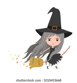 cute witch flying with broom colorful and trace of stars on white background