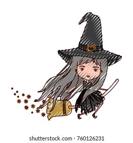 cute witch flying with broom colorful and trace of stars in colored crayon silhouette