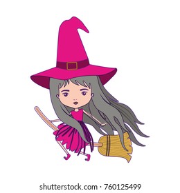 cute witch flying in broom with magenta dress with purple contour