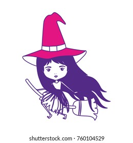 cute witch flying in broom on color sections silhouette