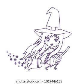 cute witch flying with broom and trace of stars in purple contour over white background
