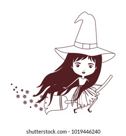 cute witch flying with broom and trace of stars in brown dotted silhouette