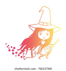 cute witch flying with broom and trace of stars in degraded magenta to yellow color contour