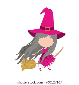 cute witch flying in broom and without face in colorful silhouette on white background
