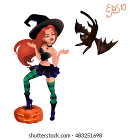 Cute witch and  flying cat. Cartoon characters. Vector illustration. Isolated on a white background.

