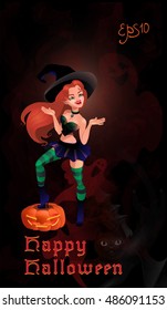 Cute witch and  flying cat. Cartoon characters. Vector illustration.
