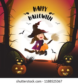 Cute witch flying in front of sunset background with pumpkins,Halloween background,Halloween poster illustration