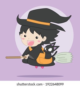 Cute Witch flying with her black cat using broomstick vector illustration with isolated background