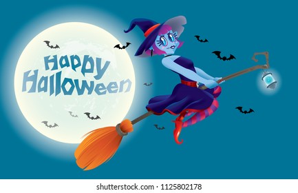 A cute witch flying with her magic broom. With full moon night scene.