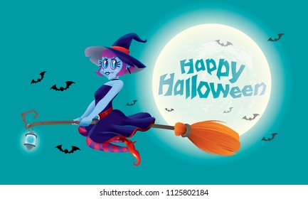 A cute witch flying with her magic broom. With full moon night scene.