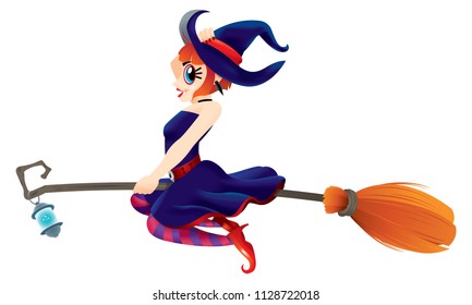 A cute witch flying with her magic broom. Isolated.