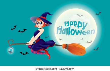 A cute witch flying with her magic broom. With full moon night scene.