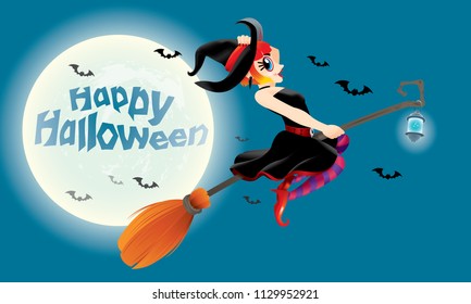 A cute witch flying with her magic broom. With full moon night scene.
