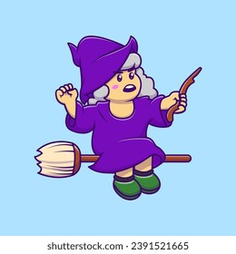 Cute Witch Flying With Magic Broom Cartoon Vector Icons Illustration. Flat Cartoon Concept. Suitable for any creative project.