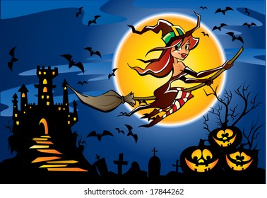 Cute witch flying in the moon light