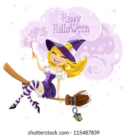 Cute witch flying on a broom and conjures wish Happy Halloween