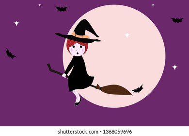  cute witch flying on broom on the full moon background.