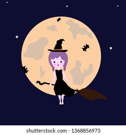  cute witch flying on broom on the full moon background.