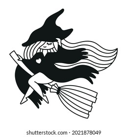 Cute witch flying on the broom. Cute sorceri girl. Witchy mystical illustration. Vector print design with black and white colors