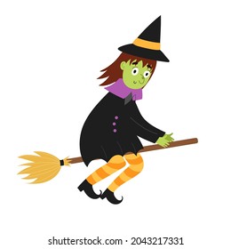 Cute witch flying on a broom. Halloween character in the air isolated element. Funny witch in cartoon style for kids design. Vector illustration