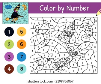 Cute witch flying on the broom color by number game for kids. Coloring page with cute Halloween character. Printable worksheet with solution for school and preschool. Vector illustration