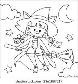 Cute witch flying on a broom Halloween colouring page for kid vector image