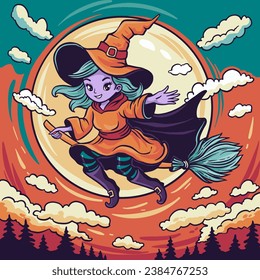 Cute witch flying on broom in the sky with full moon, vector  hand drawn art