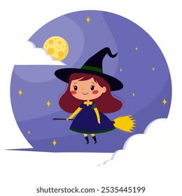 Cute Witch Flying on Broom Under Full Moon for Halloween, children s stories, and magical-themed designs.