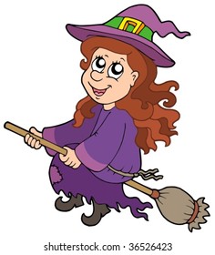 Cute witch flying on broom - vector illustration.