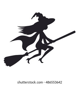 Cute witch flying on a broom isolated on a white background