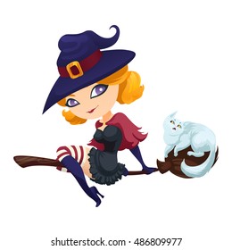 Cute witch flying on a broom with a cat. Witch on a broom isolated on white background. Vector illustration.