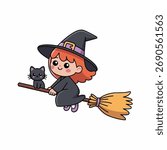 Cute Witch Flying on Broomstick with Black Cat Halloween Cartoon