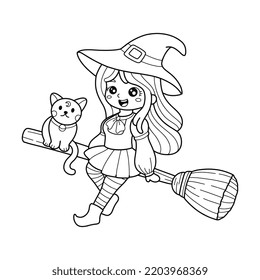 Cute Witch flying on a broomstick with cat coloring page