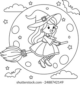 Cute witch flying on a broomstick across the moon background. Halloween Outline Coloring Page