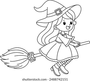 Cute witch flying on a broomstick isolated on white background. Halloween Outline Coloring Page