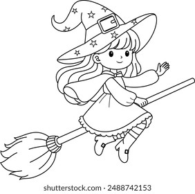 Cute witch flying on a broomstick isolated on white background. Halloween Outline Coloring Page