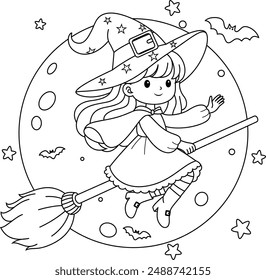 Cute witch flying on a broomstick across the moon background. Halloween Outline Coloring Page