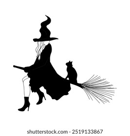 Cute witch flying on the broomstick silhouette