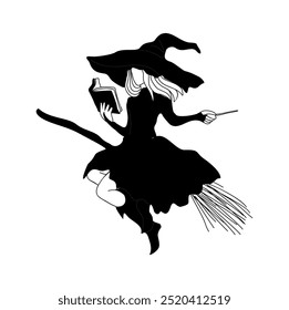 Cute witch flying on the broomstick isolated