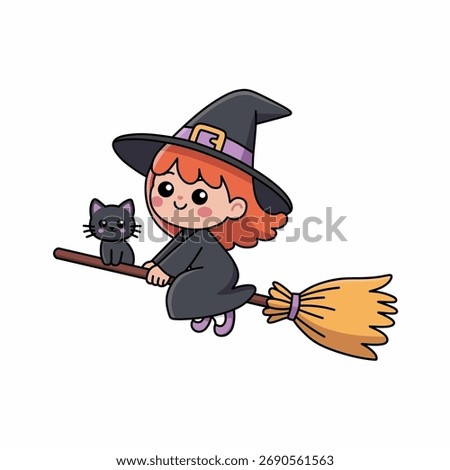 Cute Witch Flying on Broomstick with Black Cat Halloween Cartoon