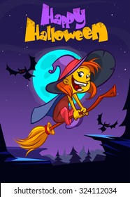 Cute witch flying on her broom. Vector Halloween party invitation