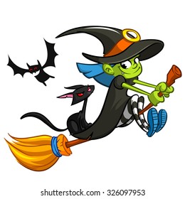 Cute witch flying on her broom. Vector Halloween illustration of witch, black cat and bat isolated on white background.