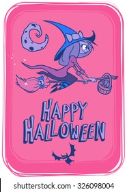 Cute witch flying on her broom. Vector Halloween party invitation