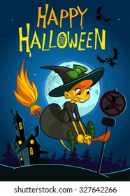 Cute witch flying on her broom on a full moon night. Vector illustration. Halloween background