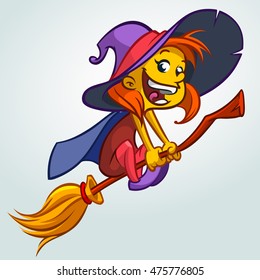 Cute witch flying on her broom. Vector Halloween illustration of witch isolated on white background.