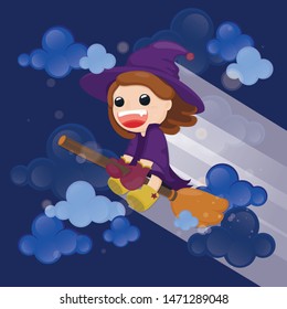Cute witch flying on magic broom with cloudy sky background.