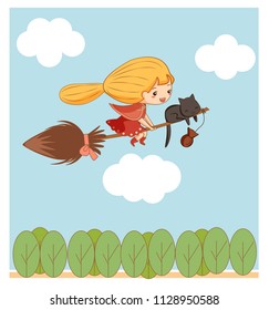 cute witch flying on the sky with cat .