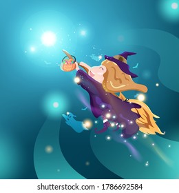 Cute witch flying in the sky to stars, cartoon fantasy Halloween concept vector illustration