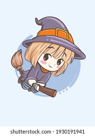 Cute witch is flying using a magic broomstick - cartoon character illustration for halloween